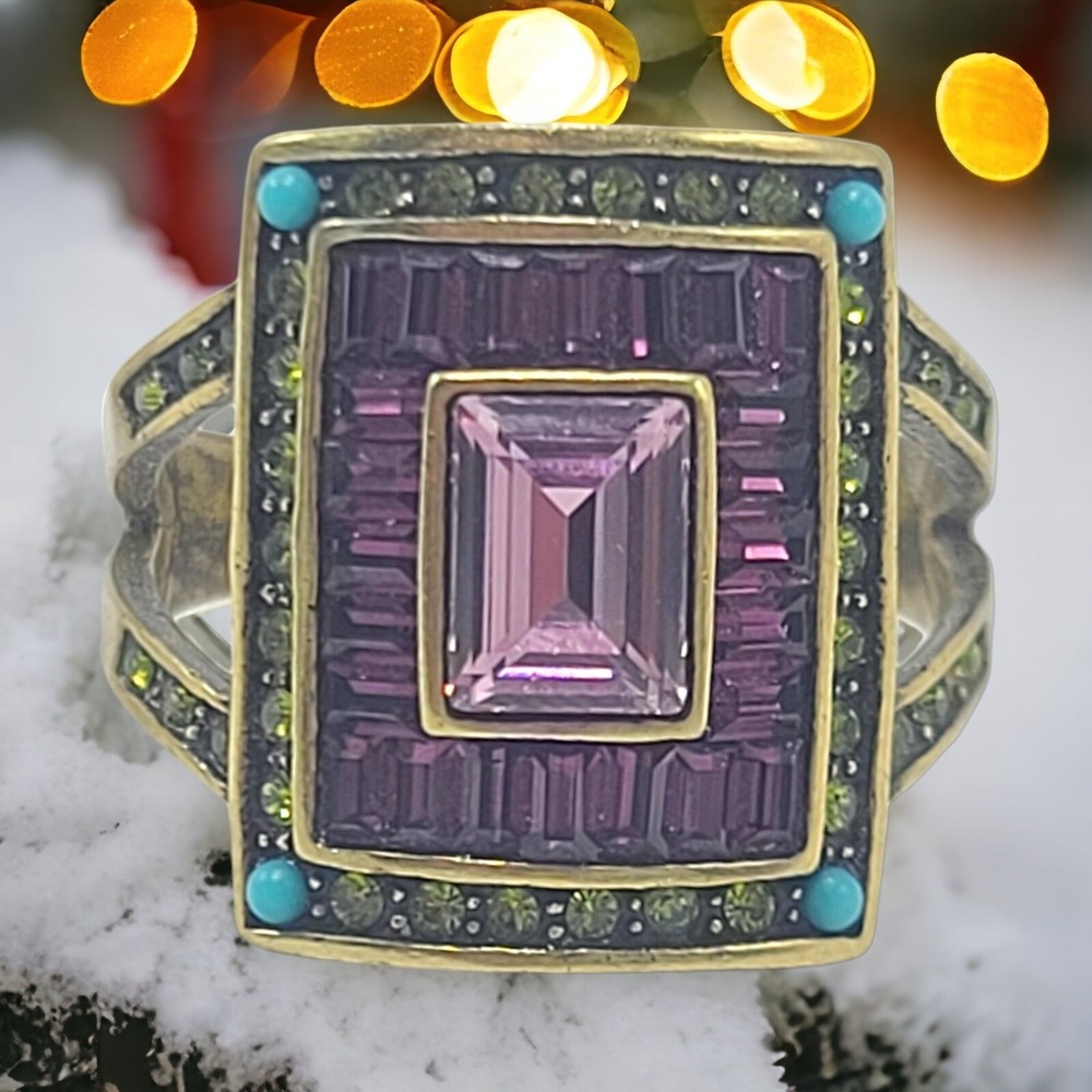 Heidi Daus Amethyst Turquoise Ring Statement Beauty Sz 11.5 Baguettes Gold Tone